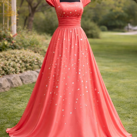 Coral Red Prom Dress Small | Sparkle Detail Skirt | Elegant Formal Gown - Picture 4 of 7